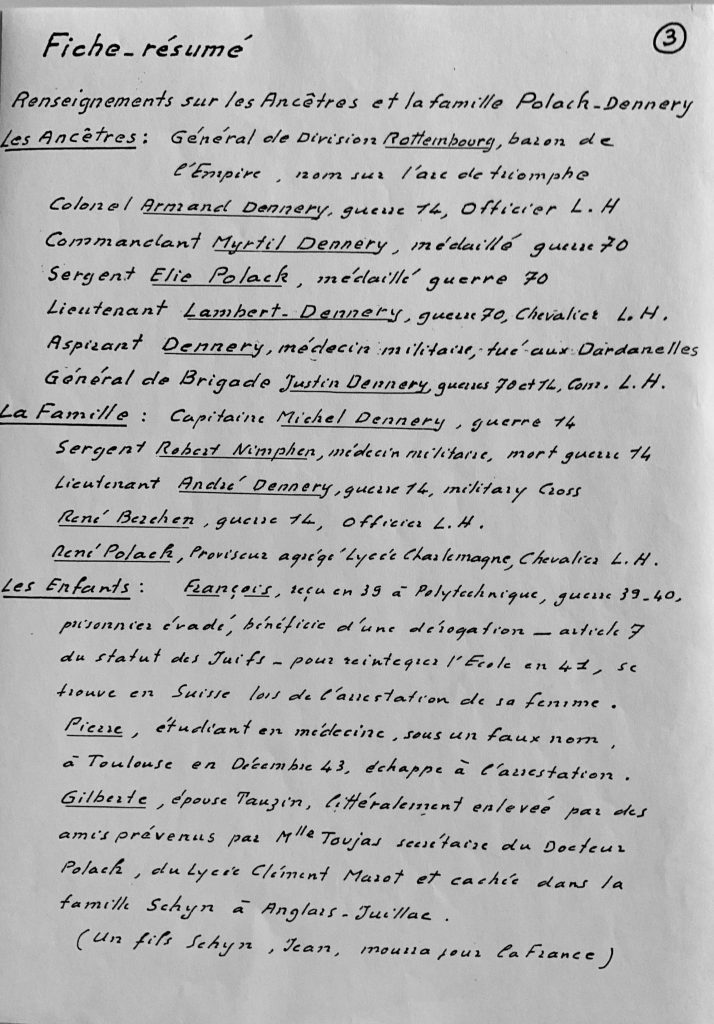 Fiche résumé sur les ancêtres et la famille Polack-Dennery