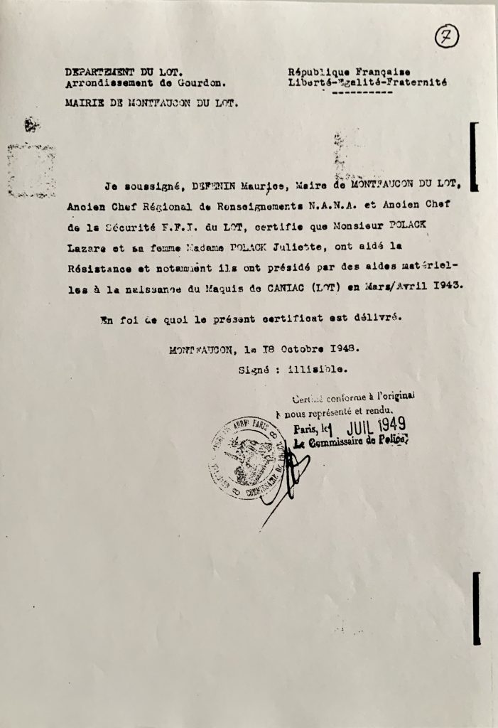 1948 - Mairie de Montfaucon : certificat de résistance pour Lazare et Juliette POLACK