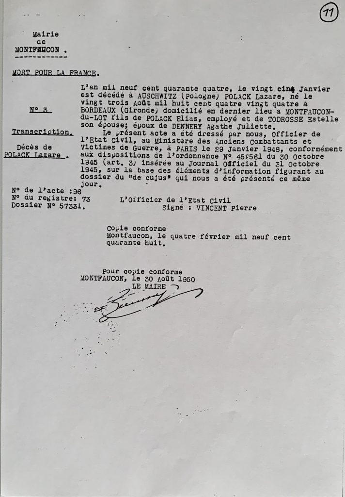 1948, Mairie de Montfaucon : décès de Lazare Polack à Auschwitz en 1944